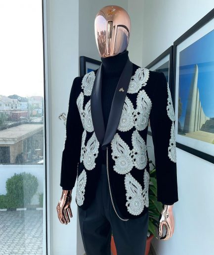 A Charcoal black Reloaded “Justin” silver Swarovski embellishment detailing tuxedo suit