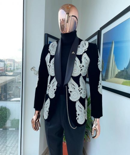 A Charcoal black Reloaded “Justin” silver Swarovski embellishment detailing tuxedo suit
