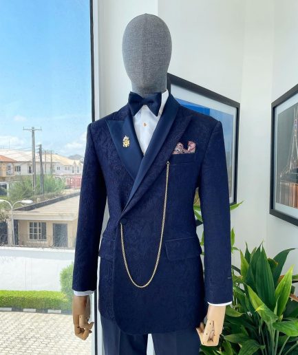 A navy blue metallic jacquard Bespoke reloaded “Arthur Richards” tuxedo 3 lapel suit.