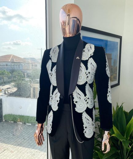 A Charcoal black Reloaded “Justin” silver Swarovski embellishment detailing tuxedo suit