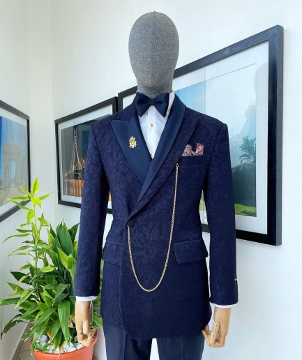 A navy blue metallic jacquard Bespoke reloaded “Arthur Richards” tuxedo 3 lapel suit.