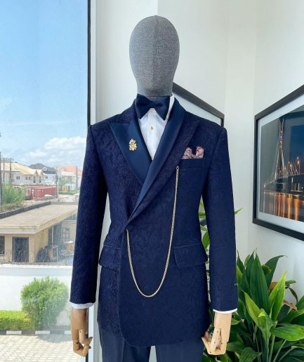 A navy blue metallic jacquard Bespoke reloaded “Arthur Richards” tuxedo 3 lapel suit.