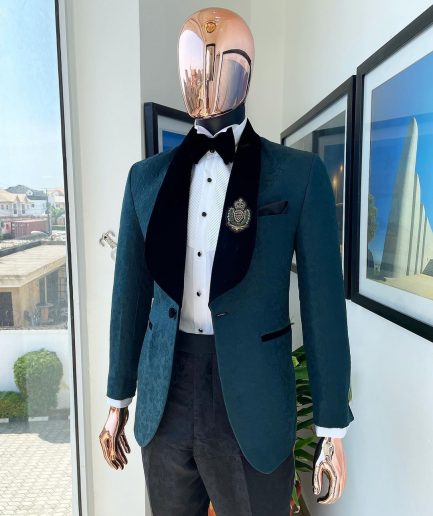 A “Mandarin” floral Sacramento green shawl Lapel tuxedo suit