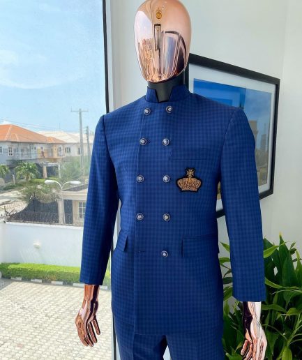 An Indigo and azure blue shepherd’s check “preacher” double breasted safari suit