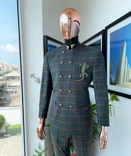 A phthalo green and clay orange windowpane check “preacher” double breasted safari suit