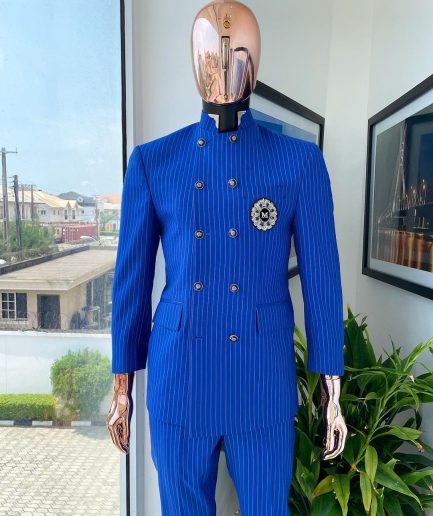 A pencil stripe cobalt & sky blue “preacher” double breasted safari suit