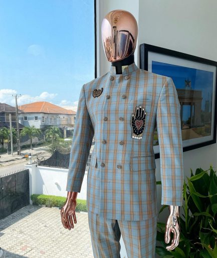A glen check Arctic blue and honey orange “preacher” double breasted safari suit