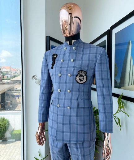 A Maya and steel blue windowpane check “preacher” double breasted safari suit