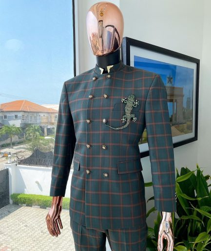 A phthalo green and clay orange windowpane check “preacher” double breasted safari suit