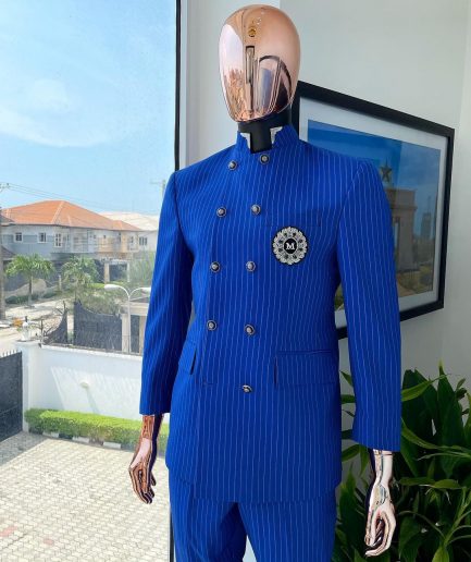 A pencil stripe cobalt & sky blue “preacher” double breasted safari suit