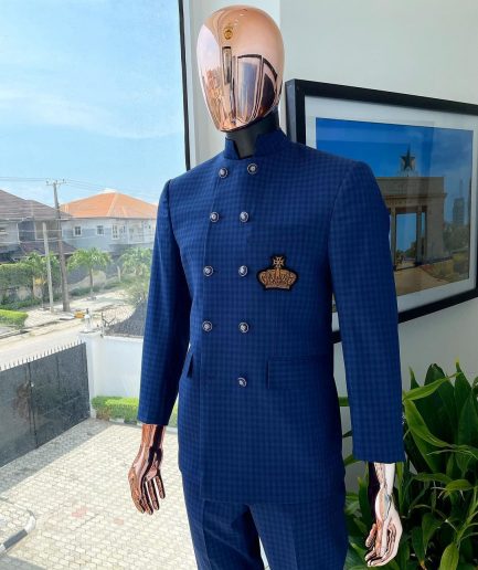 An Indigo and azure blue shepherd’s check “preacher” double breasted safari suit