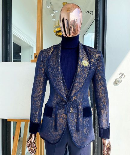The “Samurai” Shawl and; straight cut lapel, hand woven Chinese buttons, tapin with soaked Italian velvet detailing tuxedo suit