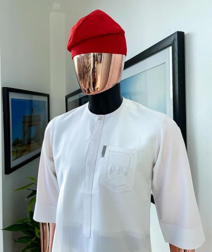 A White, front flap, triple ruffle pocket design & Swarovski button details african traditional senator kaftan native.