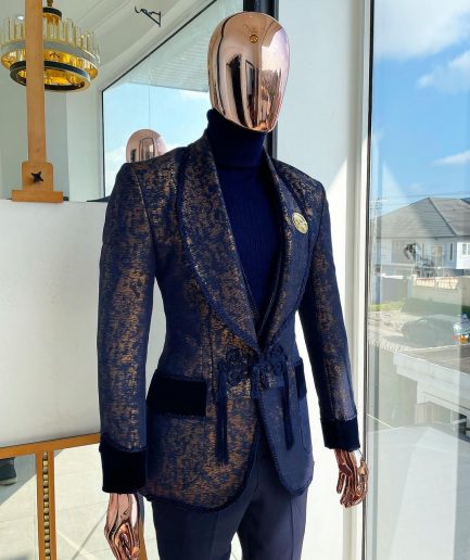 The “Samurai” Shawl and; straight cut lapel, hand woven Chinese buttons, tapin with soaked Italian velvet detailing tuxedo suit