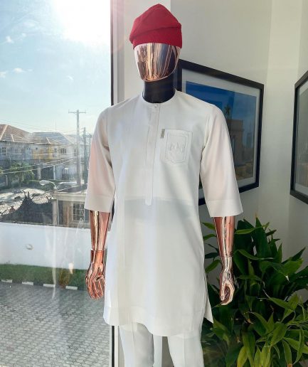 A White, front flap, triple ruffle pocket design & Swarovski button details african traditional senator kaftan native.