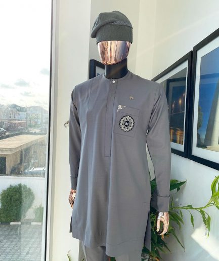 A Lava Grey, front flap, hand beaded patch design and Swarovski button details African traditional senator kaftan native.