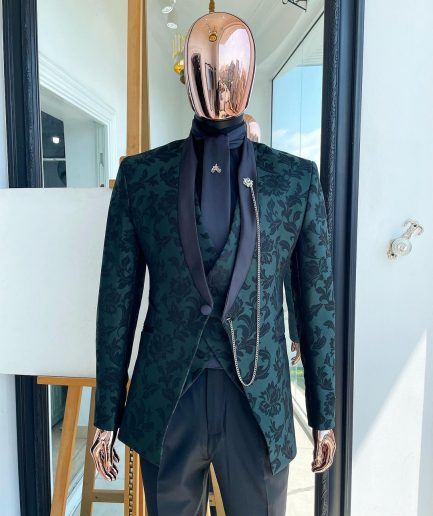 A Green Floral Jjacquard “LT” Front Cut Tuxedo Suit
