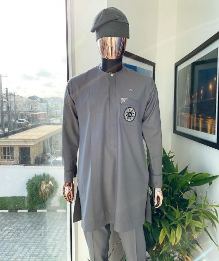 A Lava Grey, front flap, hand beaded patch design and Swarovski button details African traditional senator kaftan native.