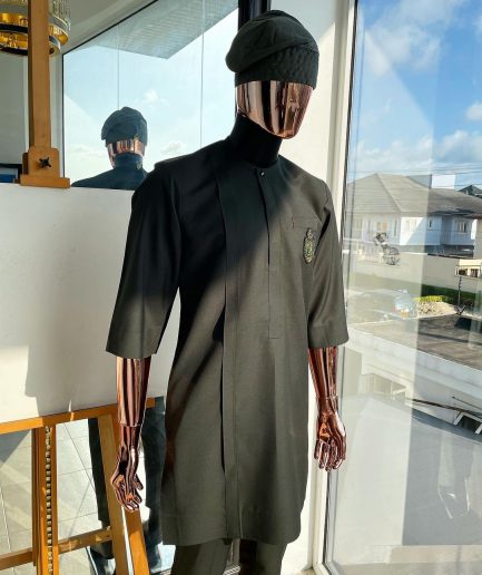 A seaweed green, front flap design & Swarovski button details, hand embroidery african traditional senator kaftan native.