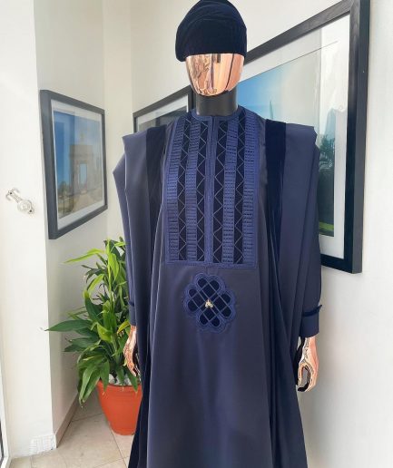 A Reloaded navy blue Monochrome embrodery with soaked Italian velvet detailing agbada