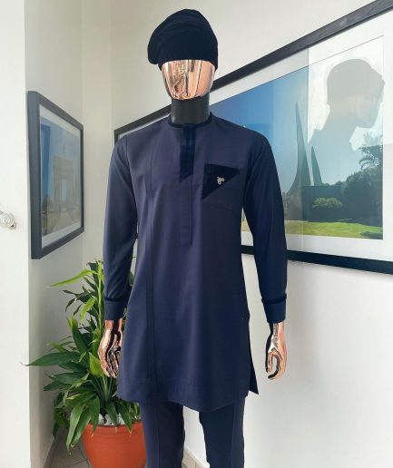 A Reloaded Navy Blue Monochrome Embroidery with Soaked Italian velvet detailing long sleeve Buba