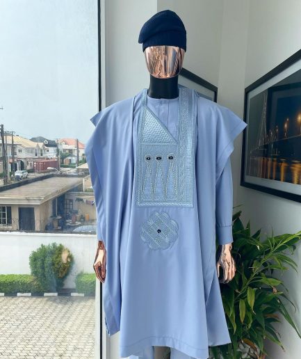 A Skye Blue Tuatara-eyed Embroidery Design with Silver Swarovski with Soaked Detailing Agbada