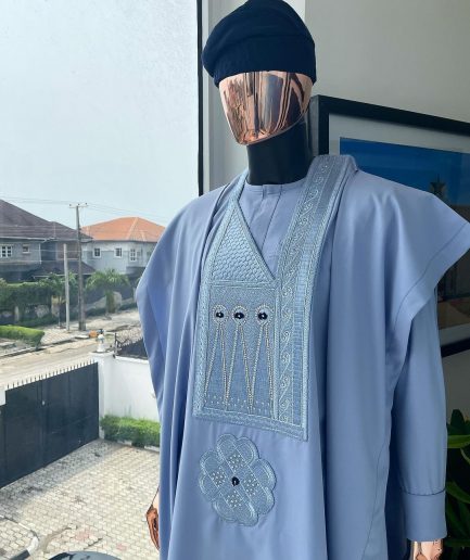 A Skye Blue Tuatara-eyed Embroidery Design with Silver Swarovski with Soaked Detailing Agbada