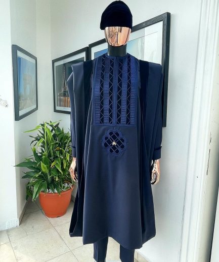 A Reloaded navy blue Monochrome embrodery with soaked Italian velvet detailing agbada