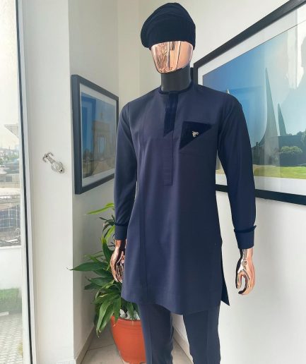 A Reloaded Navy Blue Monochrome Embroidery with Soaked Italian velvet detailing long sleeve Buba