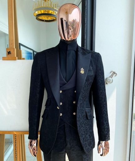 A Monochrome “Mandarin” dispersed floral charcoal all black peak lapel tuxedo jacquard suit.
