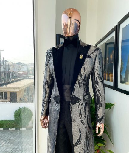 A “blade” trench metallic silver and black mix jacquard tuxedo peak lapel suit