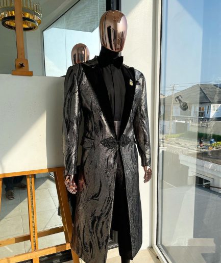 A “blade” trench metallic silver and black mix jacquard tuxedo peak lapel suit