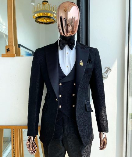 A monochrome “Mandarin” dispersed floral charcoal all black peak lapel tuxedo jacquard suit
