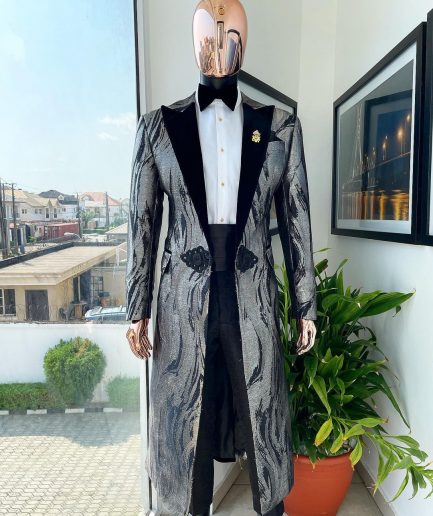 A “blade” trench metallic silver and black mix jacquard tuxedo peak lapel suit