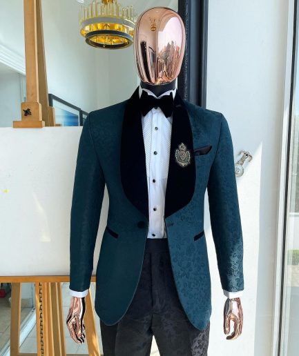 A “Mandarin” floral Sacramento green shawl Lapel tuxedo suit