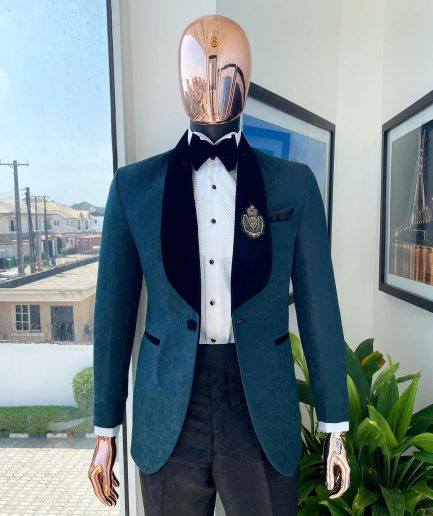 A “Mandarin” floral Sacramento green shawl Lapel tuxedo suit