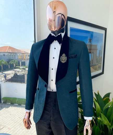 A “Mandarin” floral Sacramento green shawl Lapel tuxedo suit