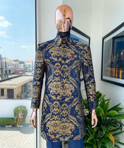 A Gold and blue “Mandarin” jacquard floral safari suit