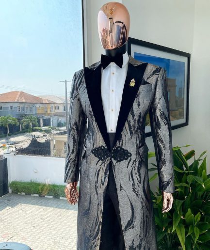 A “blade” trench metallic silver and black mix jacquard tuxedo peak lapel suit