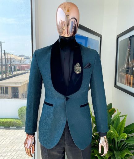 A “Mandarin” floral Sacramento green shawl Lapel tuxedo suit