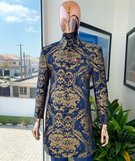 A Gold and blue “Mandarin” jacquard floral safari suit