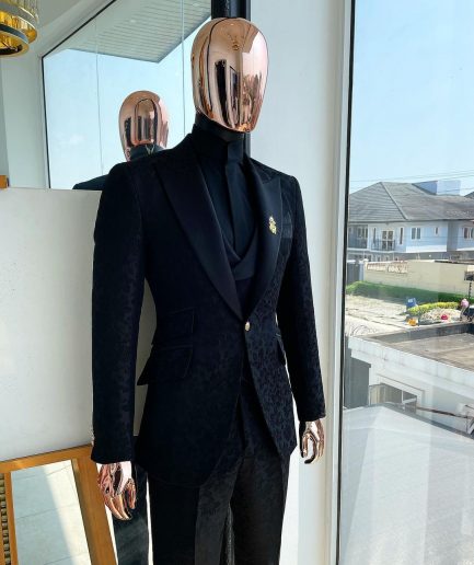 A Monochrome “Mandarin” dispersed floral charcoal all black peak lapel tuxedo jacquard suit.