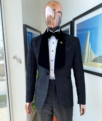 A “Mandarin” ocean element dispersed charcoal black ruffle pattern shawl lapel tuxedo jacquard suit
