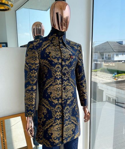 A Gold and blue “Mandarin” jacquard floral safari suit