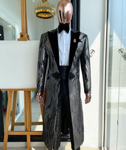 A “blade” trench metallic silver and black mix jacquard tuxedo peak lapel suit