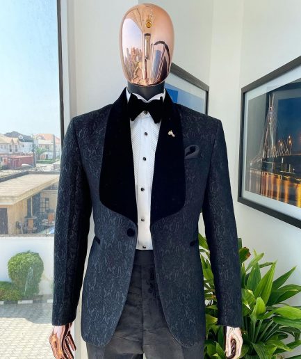 A “Mandarin” ocean element dispersed charcoal black ruffle pattern shawl lapel tuxedo jacquard suit