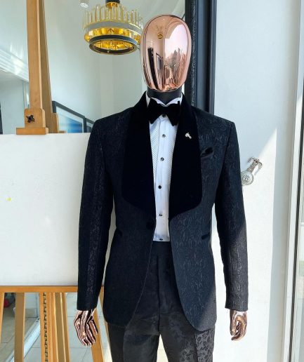 A “Mandarin” ocean element dispersed charcoal black ruffle pattern shawl lapel tuxedo jacquard suit