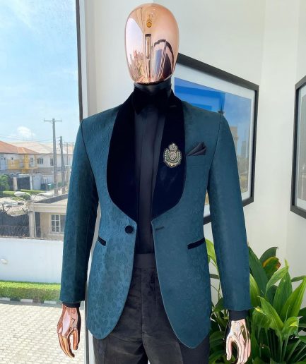 A “Mandarin” floral Sacramento green shawl Lapel tuxedo suit