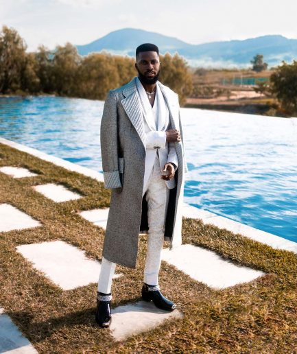 A Notch lapel, metallic silver smoking trench jacket
