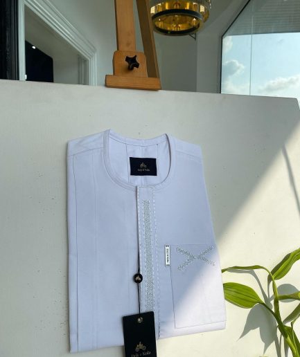A white, dotted and covered square embroidery detailing african traditional senator kaftan native.